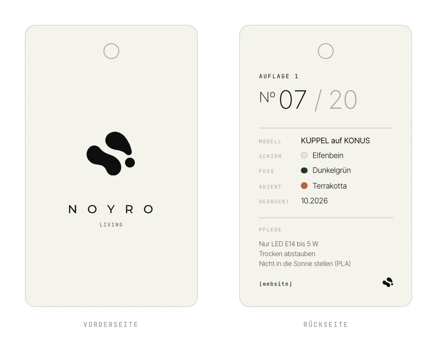 NOYRO-Hangtag, Vorder- und Rückseite