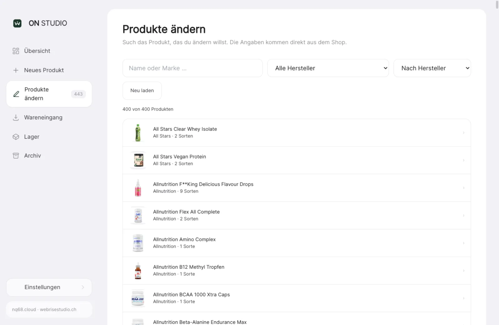 ON STUDIO: Produktliste direkt aus dem Shop, mit Vorschaubildern und Sorten