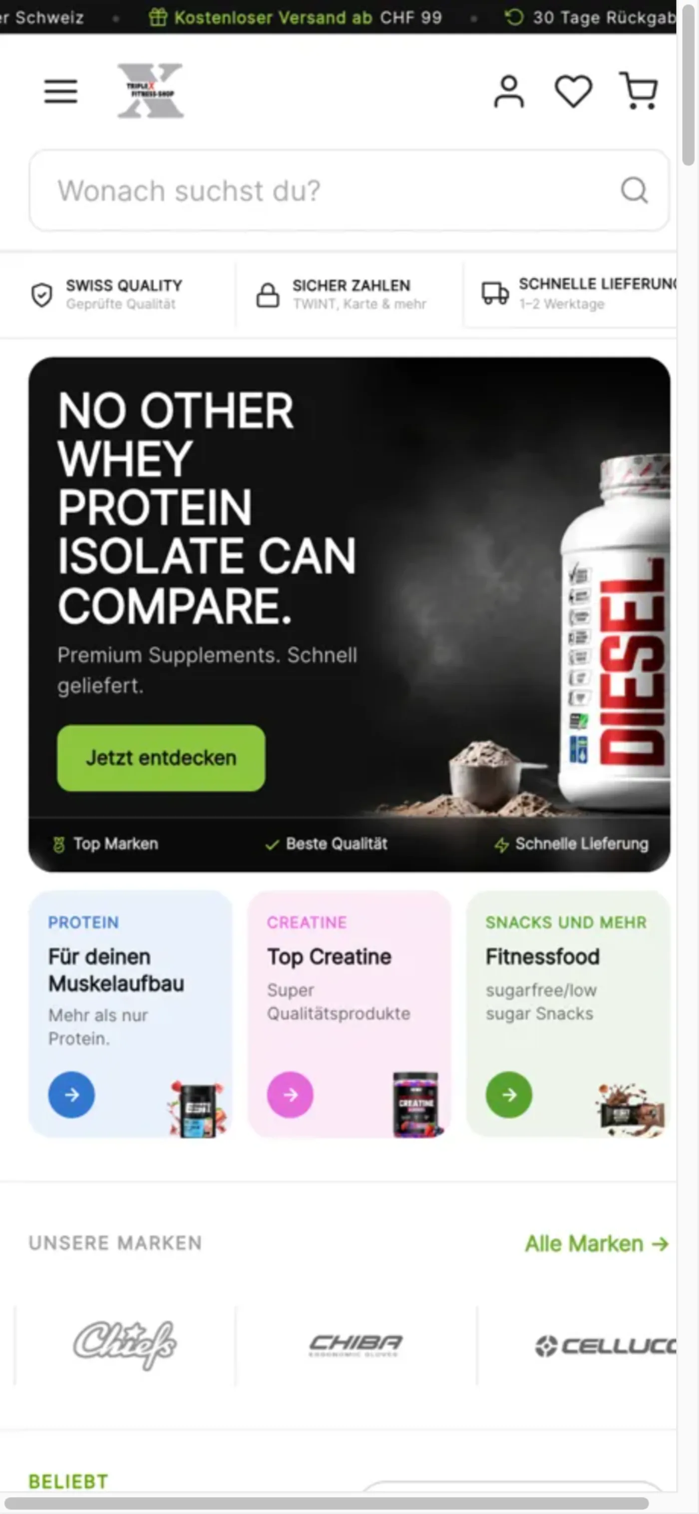 Online Nutrition auf dem Telefon, oberer Teil der Startseite