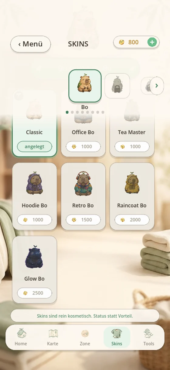 Skin-Store von UNBOTHERED mit gezeichneten Capybara-Kostümen