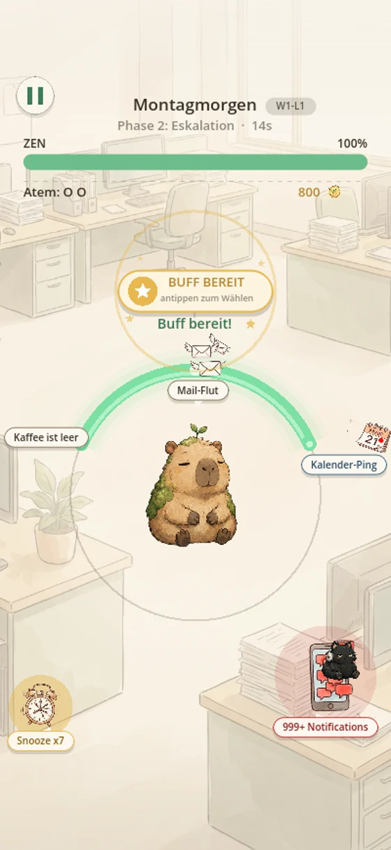 Kernmechanik von UNBOTHERED: das Capybara im Zen-Ring