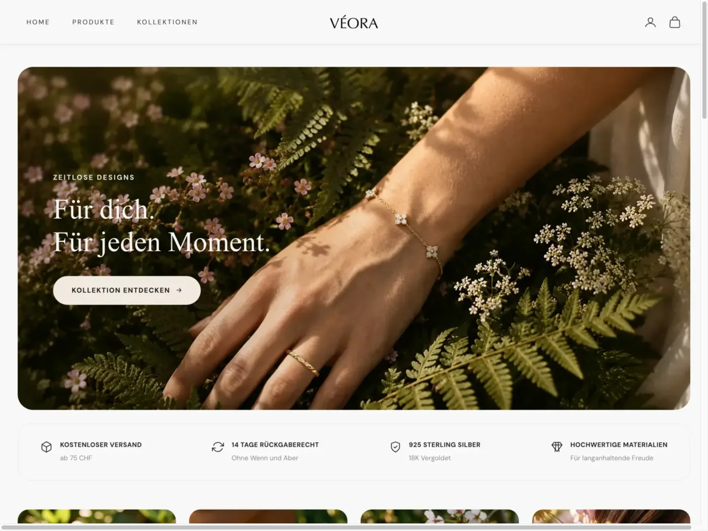 Startseite von VÉORA mit Kampagnenbild und Kollektionsknopf