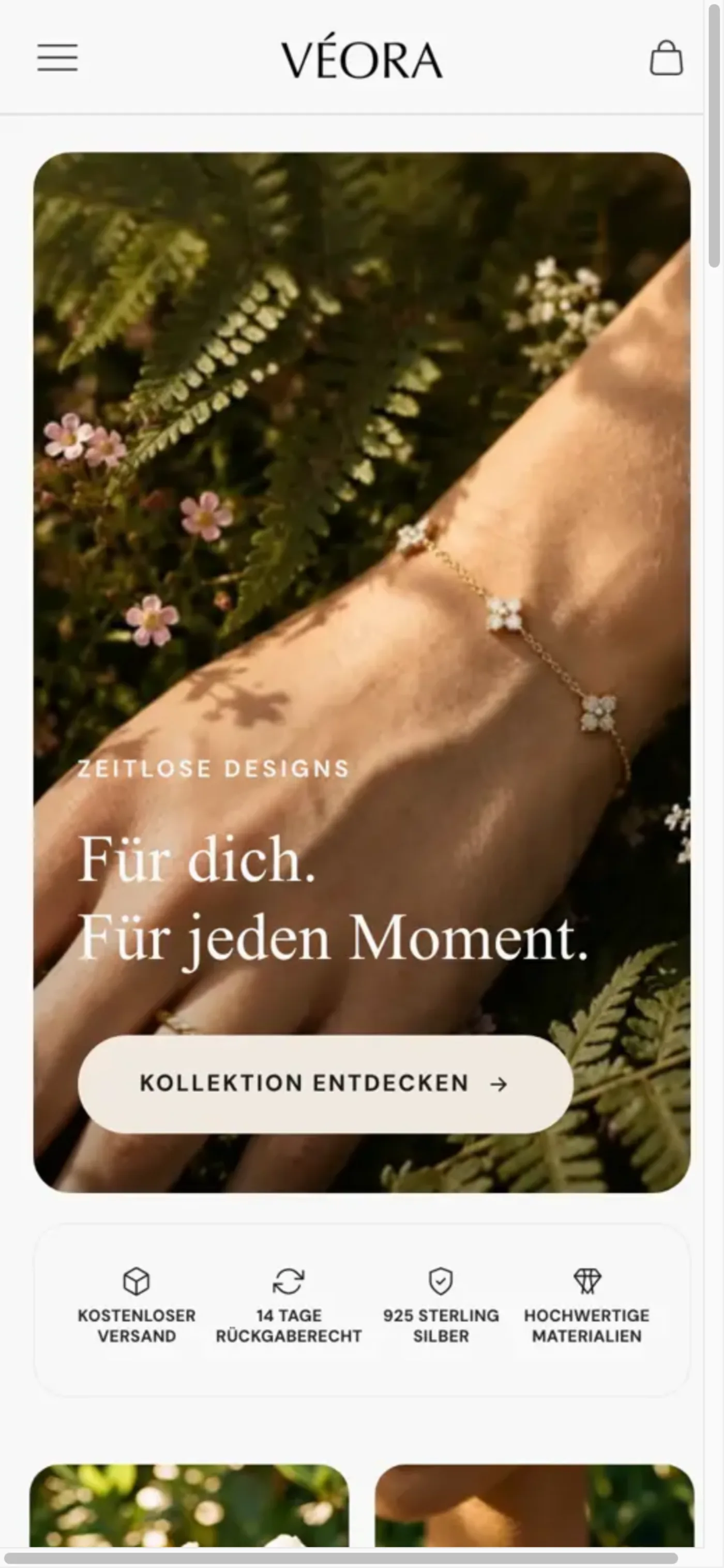 VÉORA auf dem Telefon, oberer Teil der Startseite