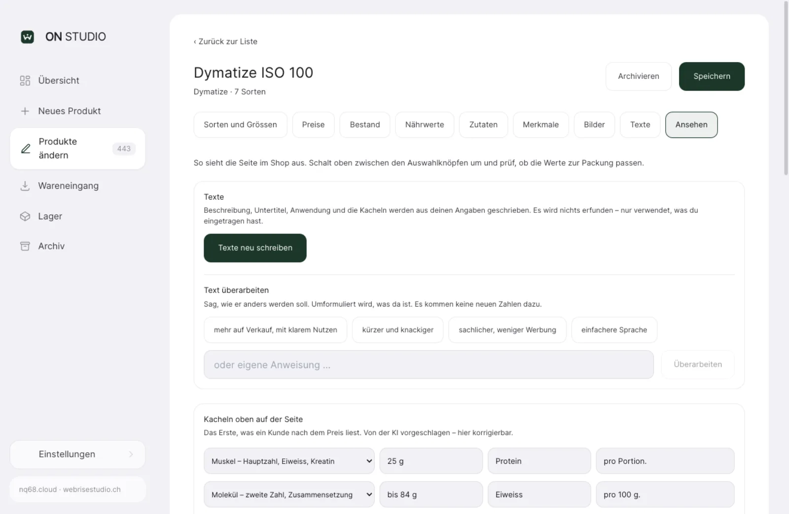 ON STUDIO: Produkttexte werden aus den eigenen Angaben geschrieben