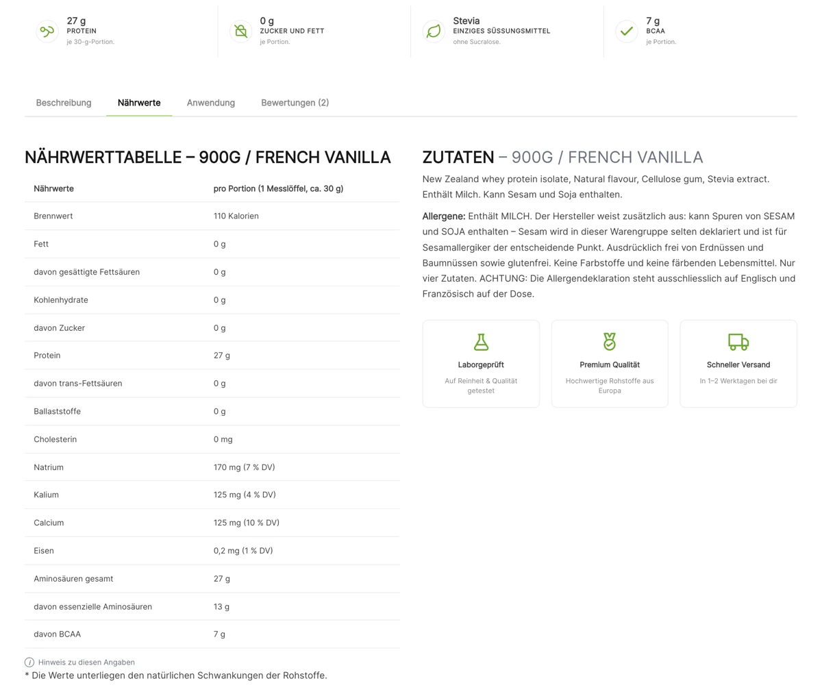 Nährwerttabelle im Shop von Online Nutrition, aus den Produktdaten erzeugt