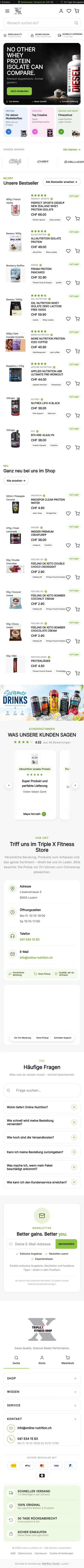 Online Nutrition auf dem Telefon mit Kundenstimmen und Produktkacheln