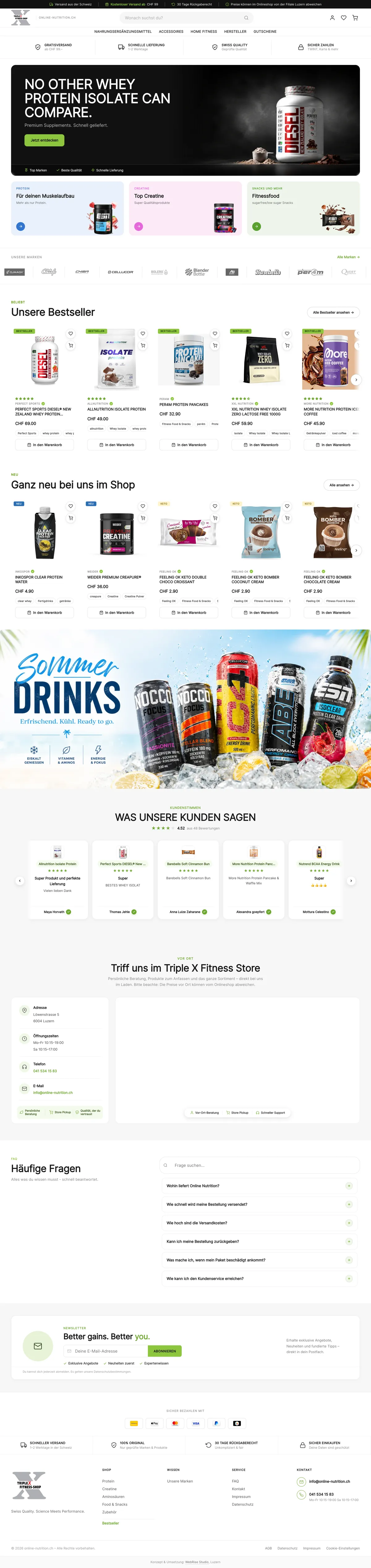 Startseite des Supplement-Shops Online Nutrition am Rechner nach dem Relaunch