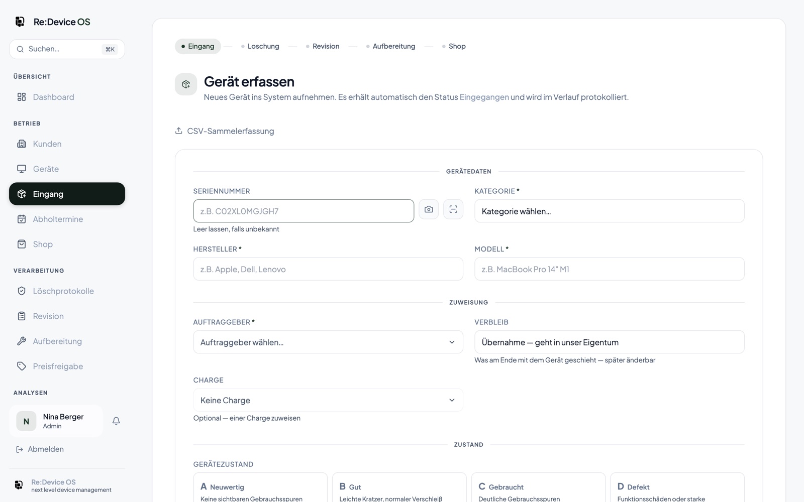 Re:Device OS: Maske zum Erfassen eines Geräts beim Eingang in die Werkstatt