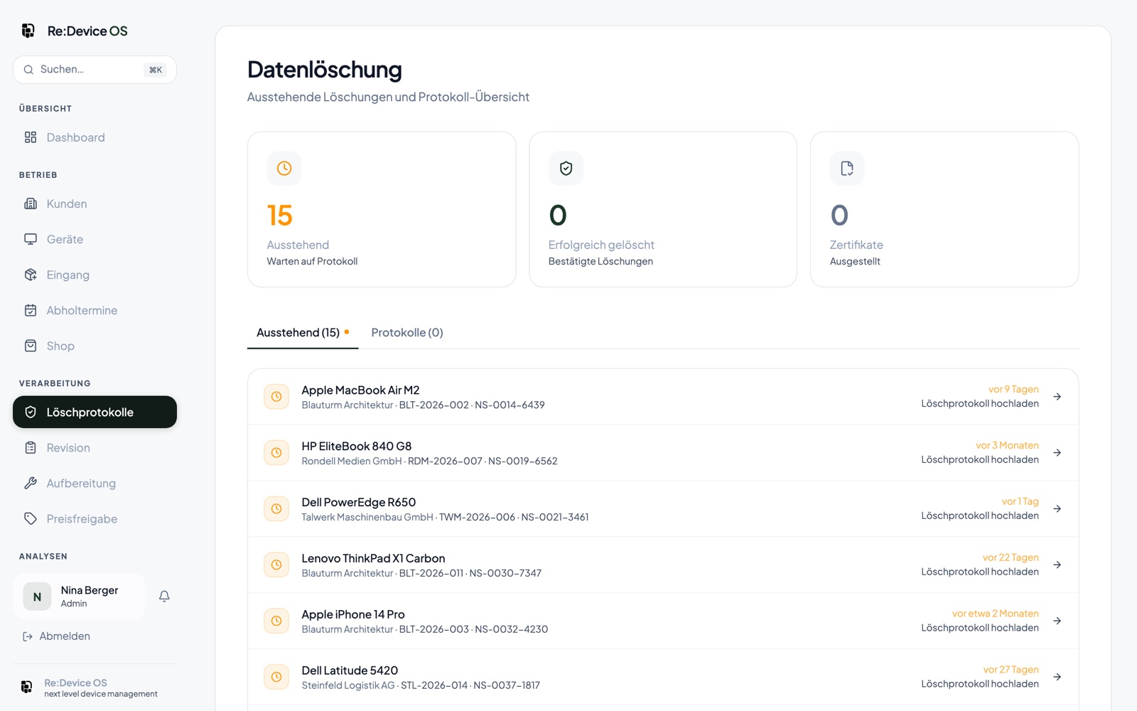 Re:Device OS: zertifizierte Löschprotokolle nach DoD-Standard