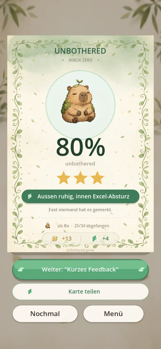 Ergebnisbildschirm einer Runde UNBOTHERED mit Sternen und Punktzahl