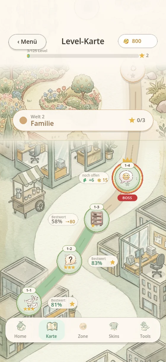Level-Karte im Spiel UNBOTHERED mit gezeichneter Stadt und Fortschrittsringen